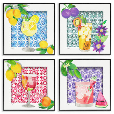 Ensemble de 4 giclées encadrées de fruits vifs aux motifs vifs, design par Hillary Holt