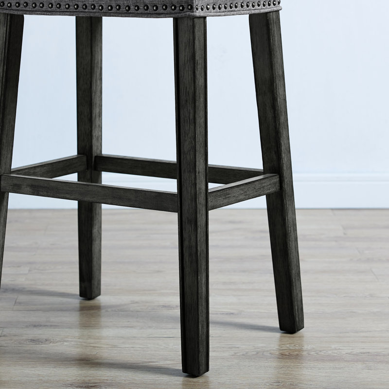 Gray Backless Saddle Seat Bar Stools, 29" Height, Of 2. Made Genuine Wood With Weathered Finish. Upholstered In Grey. Contemporary Style For Home. 18"W X 13"D 29"H. Some Assembly Needed 29". Real