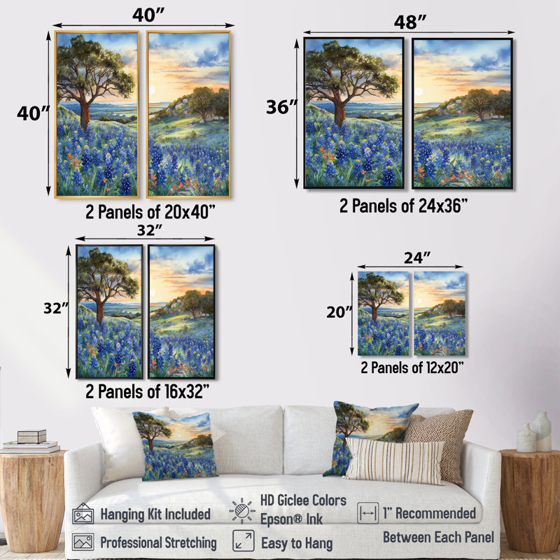 Blue Bonnets Sunset - Blue Wall Art, Floater Framed Print, 32" H x 32" W, Silver