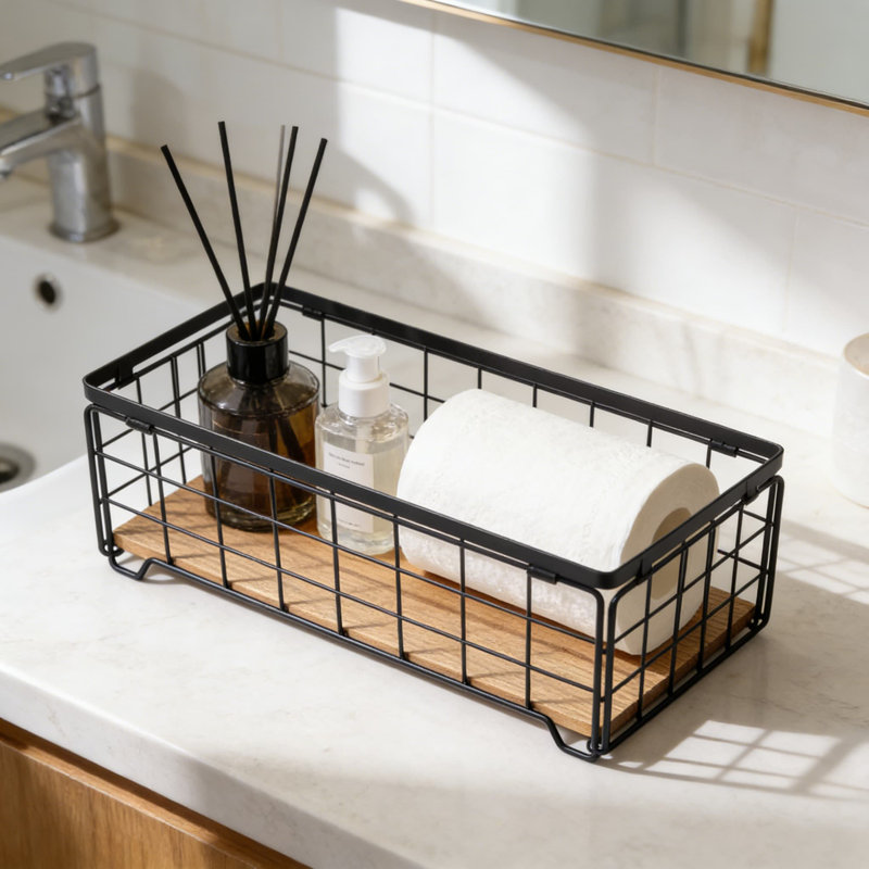 Metal Wire Storage Basket With Wood Base, Multi-Purpose Countertop Organizer For Bathroom, Kitchen, Pantry, Living Room And Office