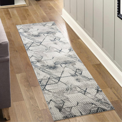 Geometric Runner Rug With Grey Colors, Machine-made, 0.43 In. Pile, Ideal For Bedroom Style Rug, 100% , Machine-woven, 31 Wide, 118 Long, & Pet Safe