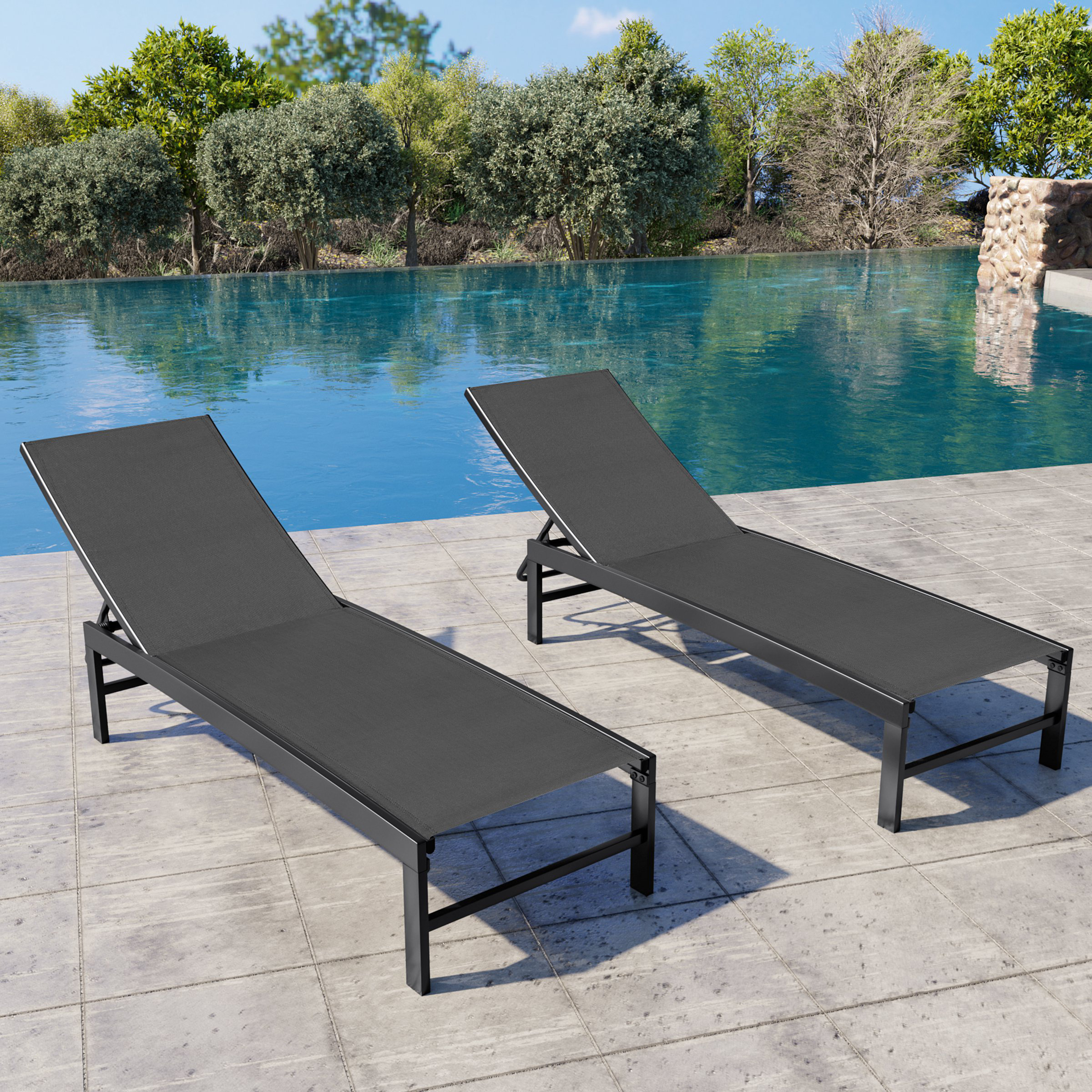 Patio Metal Reclining Chaise Lounge Set (Set of 2) - Black