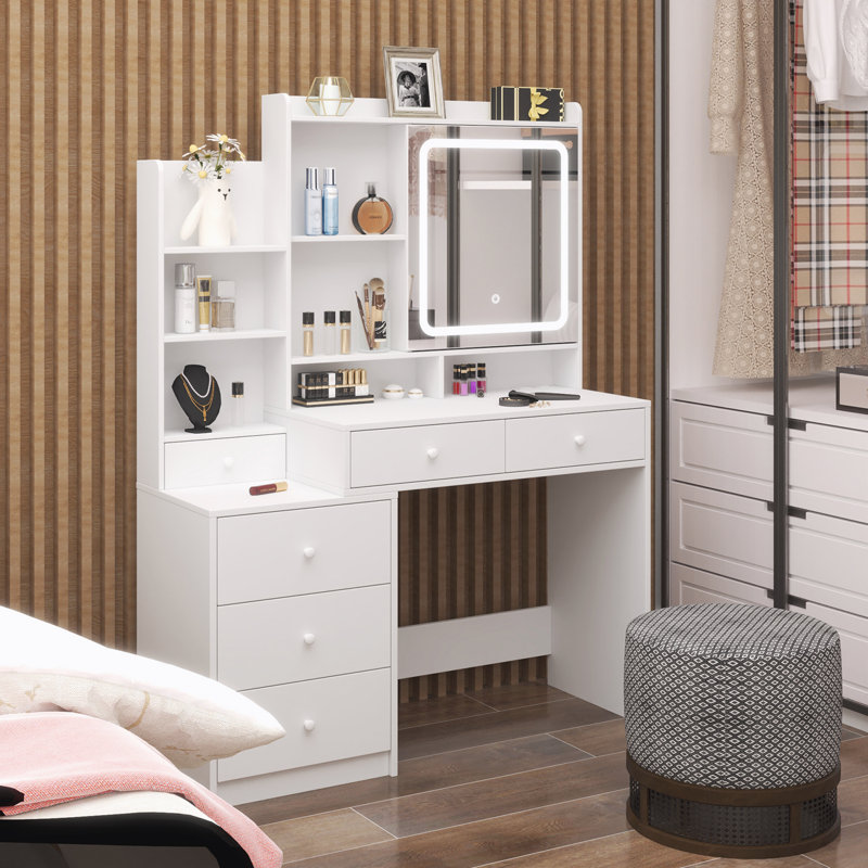 Bureau de maquillage avec 6 tiroirs, miroir coulissant et tablettes de rangement, 3 modes d'éclairage