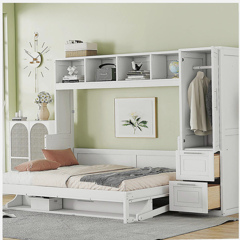 Lit escamotable double pleine grandeur avec placard et tiroirs, blanc, Blanc, Double