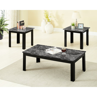 Table 3 pièces de style traditionnel, tables basses rectangulaires et carrées, dessus en faux marbre, texture en bois gris, agrégat de dépliant d'assemblage sans effort, finition, guide facile