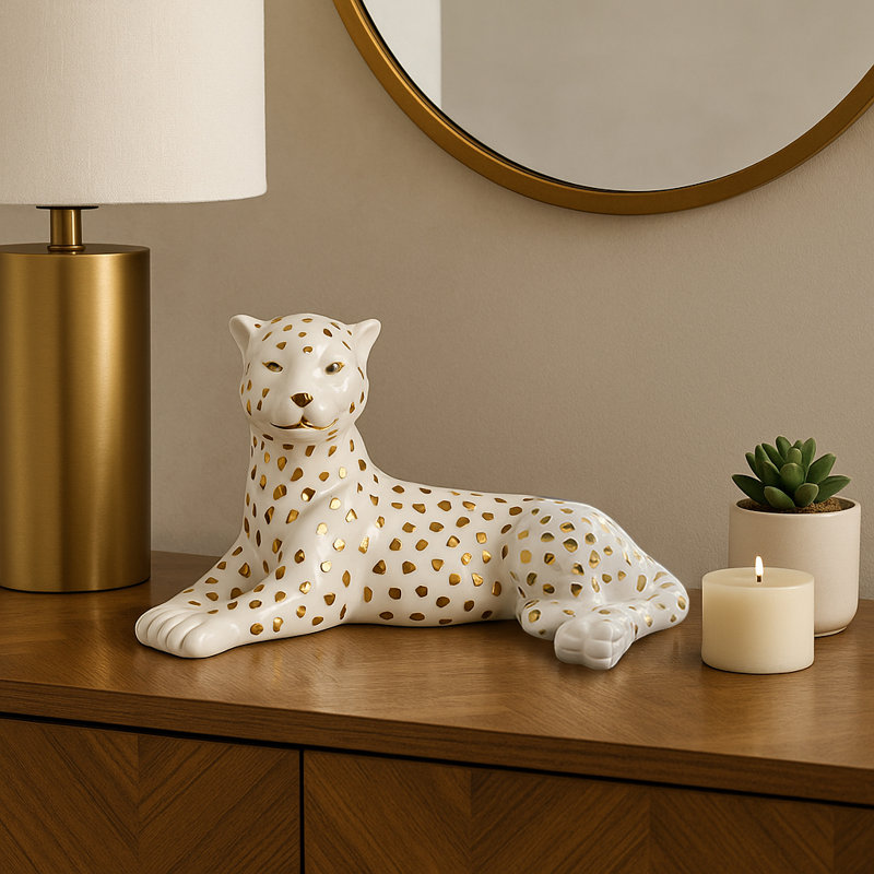 Ankney Artistic Leopard Figurine Sculpture Home Decor - Patterned Decorative Object And Modern Ceramic Statue For Decorations For Living Room - White & Gold