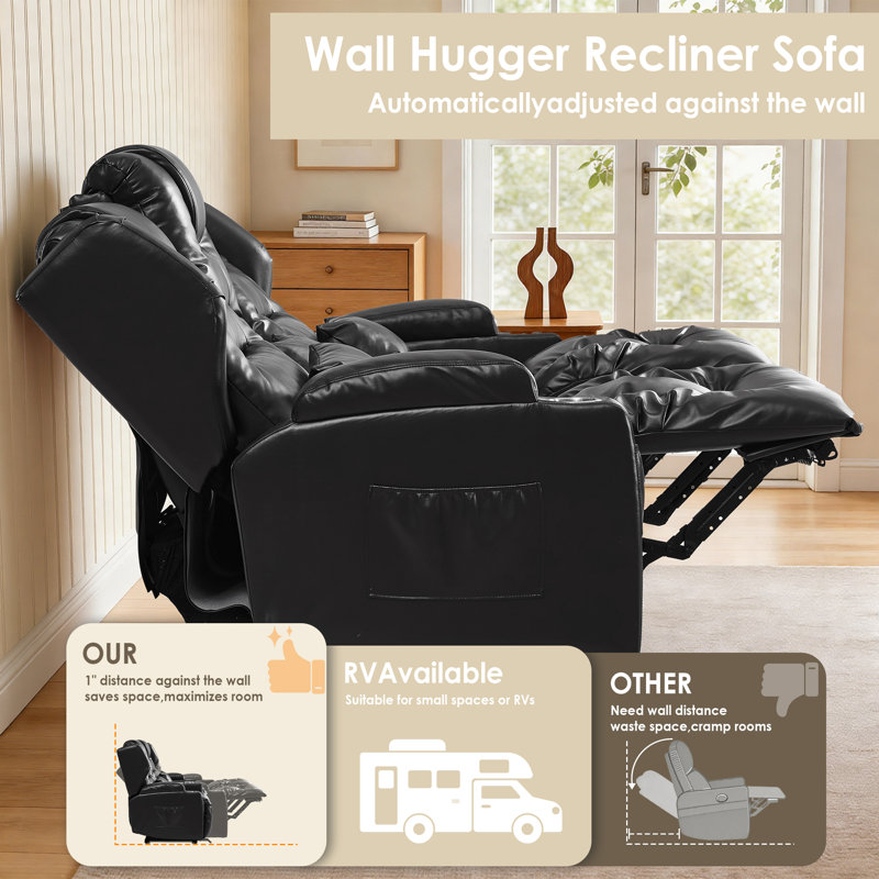 Ensemble de canapé inclinable en cuir 2 pièces avec porte-gobelet de rangement et station de charge, Black