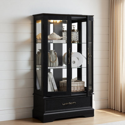 Lighted Glass Curio Cabinet With Adjustable Shelves - Elegant 2-Door Display Cabinet & Built-In Drawer, Includes Bulb