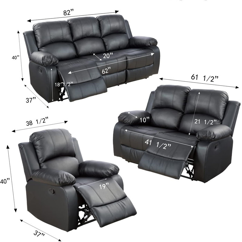 Ensemble de salon inclinable 3 pièces Joynae, Noir
