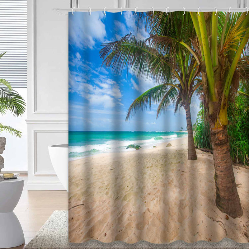 Tropical Beach, cocotier, beauté, bleu, côte de nuages avec 12 crochets, L 72 po x l 84 po