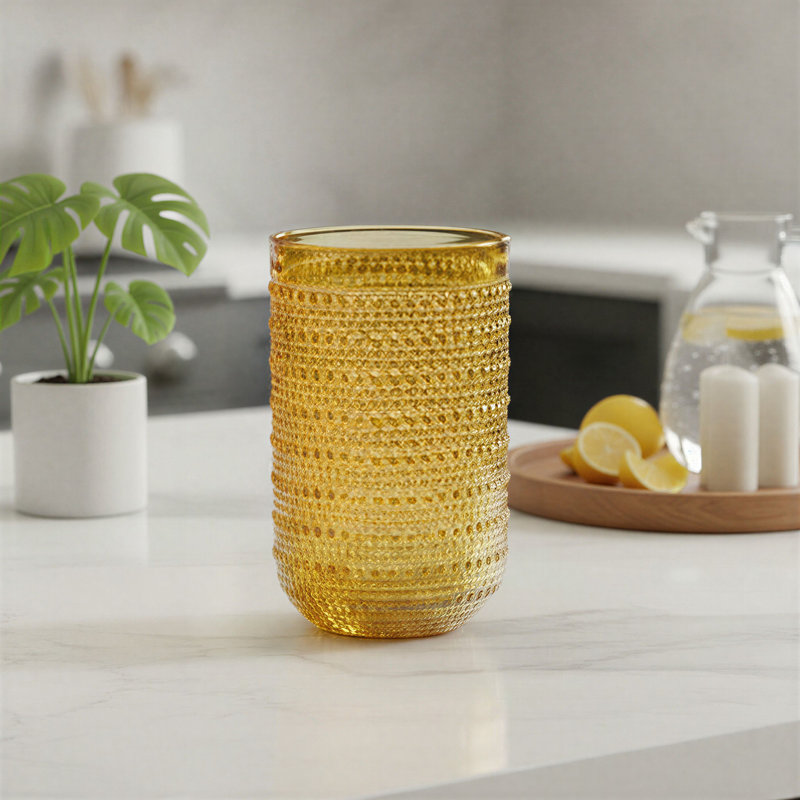 Verres ronds en verre à pois surélevés, Jaune