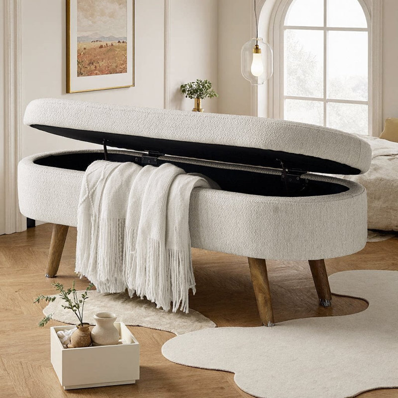 Ottoman Oval Storage Bench,Rubber Wood Legs(43.5"X16"X16"), Beige