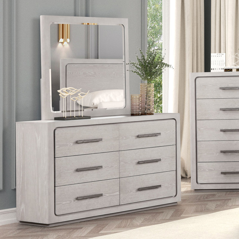 Commode 6 tiroirs avec miroir Henry, Chêne blanc