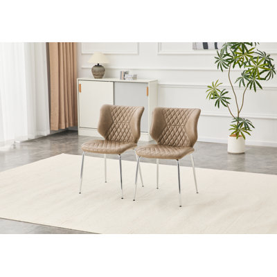 Dining Chair, Oil Waxed Leather, Set of 2, khaki, Diamond-Tufted High Back
