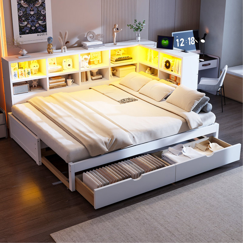 Twin XL to King Size Daybed with Two Storage Drawers, Storage Cabinets LED Light and USB Ports, White, White