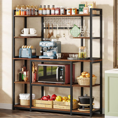 Grand support de boulanger de 55 po avec rehausse - étagère de rangement de cuisine industrielle à 5 niveaux avec crochets et support pour micro-ondes, organisateur d'armoire de cuisine rustique brun avec cadre en métal, support à garde-manger utilitaire