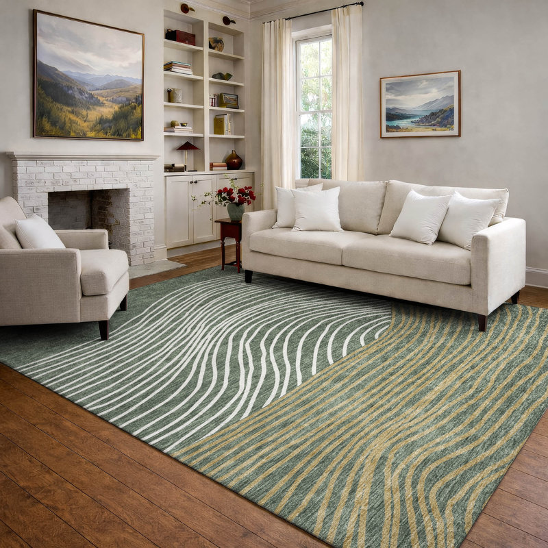 Premium Machine Washable Mayfield AMF2350 Stripes Rug, Basil, 10' x 14'