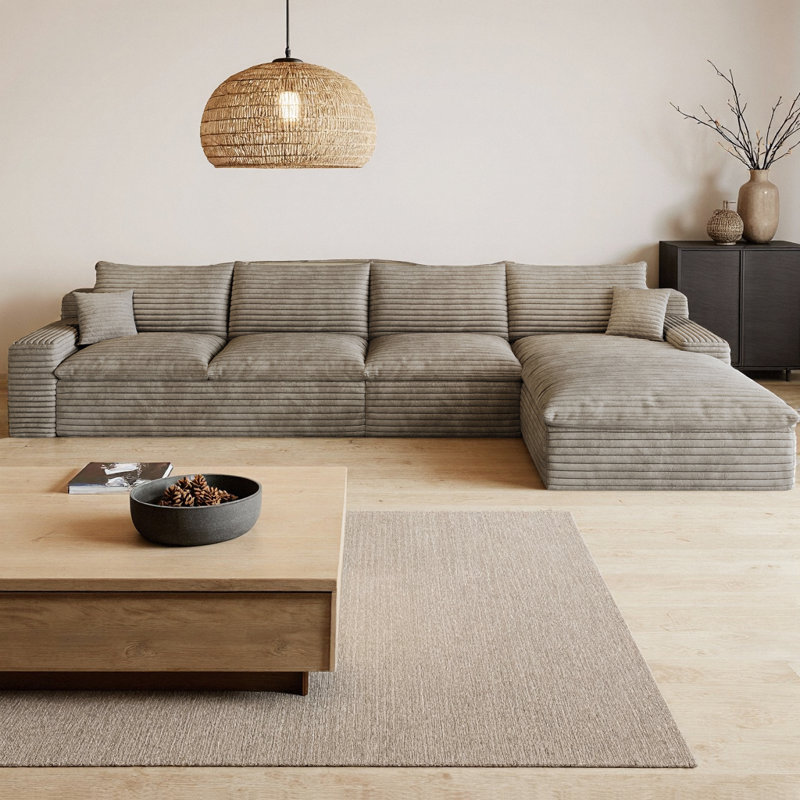 Canapé modulaire en L 135 po en tissu de velours côtelé modulaire avec méridienne orientée vers la droite, coussins en mousse de plumes double couche, aucun assemblage requis, pour le salon