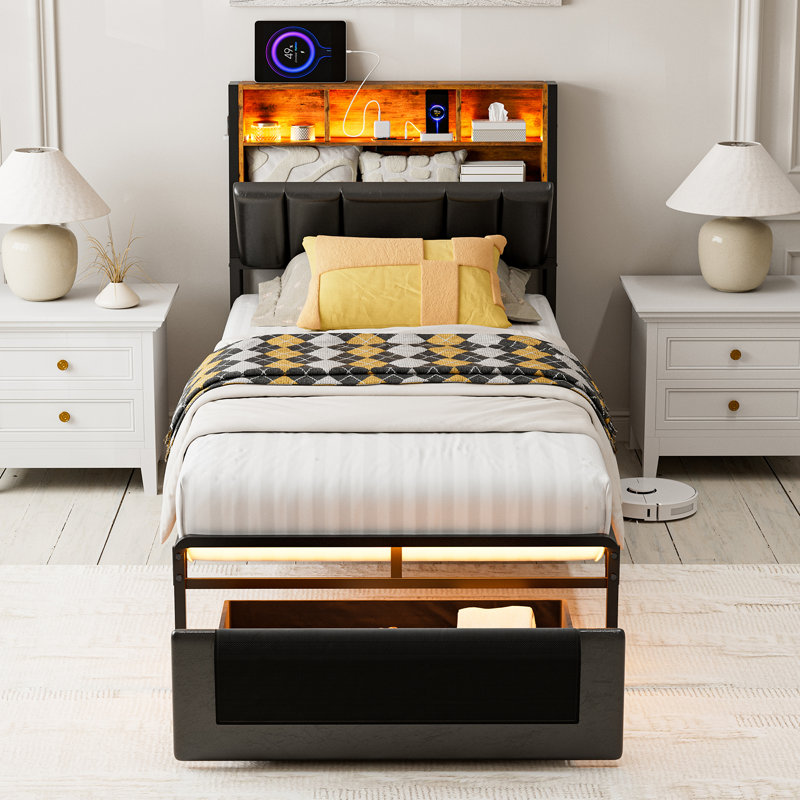 Orren Ellis Bed Frames With Dustproof Storage Drawer, Ergonomic Hidden Storage Headboard With Charging Station, Upholstered Faux Leather Led Platform Bed, No Box Spring Needed, Easy Assembly, Black