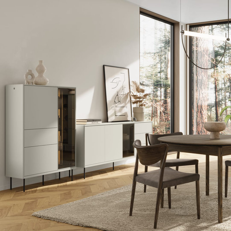 Besseris 1 Display Cabinet in Cashmere & Dark Oak - Elegant Storage with LED Lighting