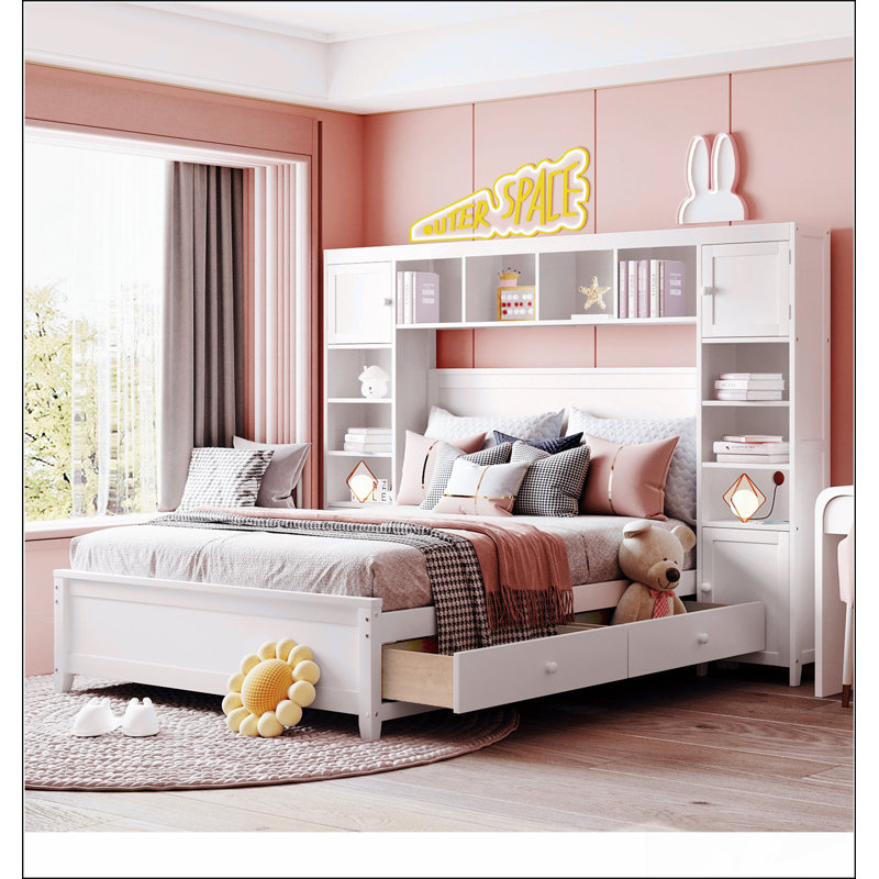 Structure de lit en bois avec armoire et tiroirs tout-en-un, Blanc