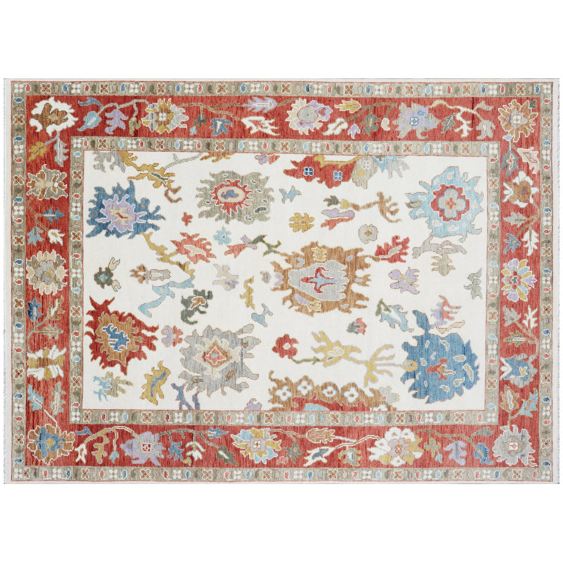 Hand Knotted Ivory & Rust Oushak Wool Area Rug – Traditional Turkish Floral Design, Rectangle 9' x 12'