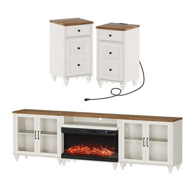Ensemble de table de salon Farmhouse, meuble télé avec foyer 105 po et deux tables de bout