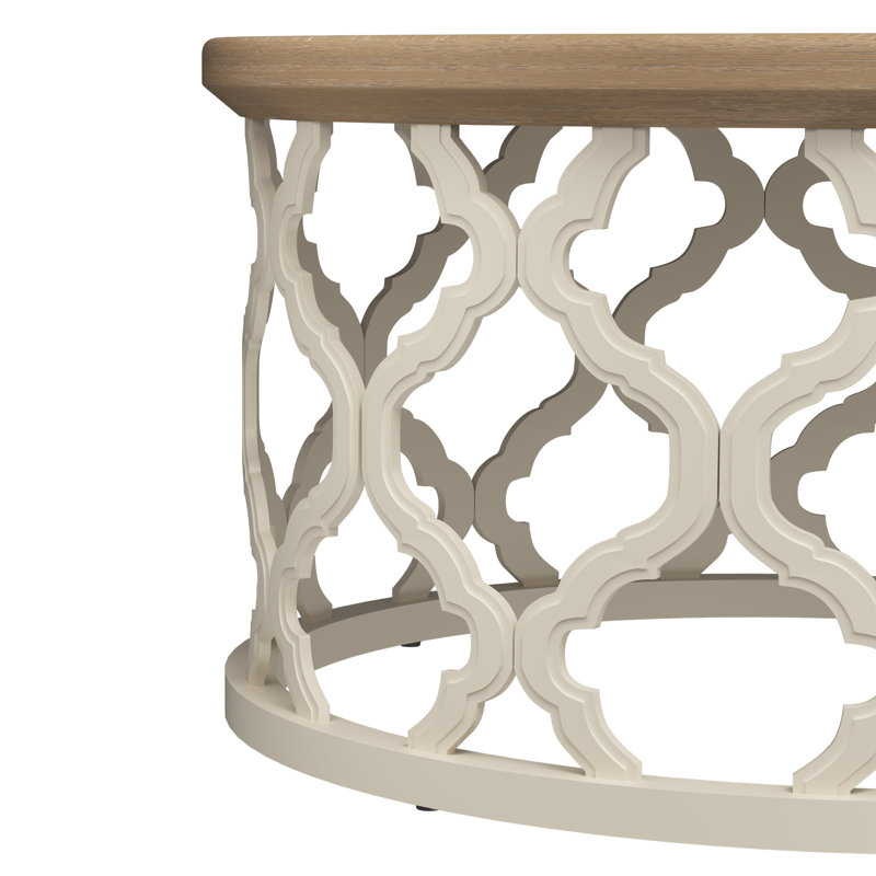 Mayenne Rustic Farmhouse Round Coffee Table with Distressed Wood Tray Top, Natural Wood Top/ Beige Base