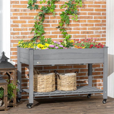 Lit de jardin gris foncé en bois surélevé de 47 po x 22 po x 33 po avec roulettes verrouillables, tablette de rangement et drainage pour la doublure de trous de jardin surélevés