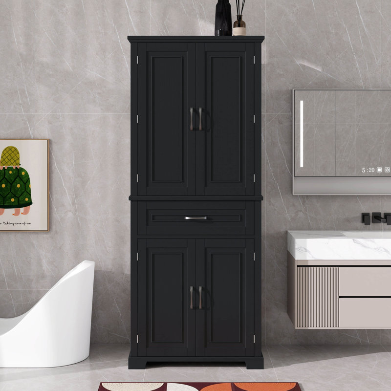 Armoire de rangement de salle de bain avec portes et tiroir, plusieurs espaces de rangement, tablette réglable, Noir
