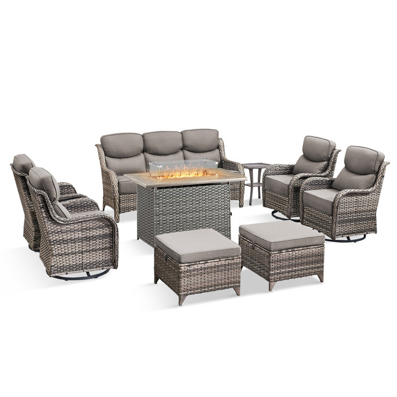 Wickes 9-Piece Outdoor Wicker Patio Conversation Set With Rectangle Fire Pit, 3-Seat Sofa, Ottomans, 4 Swivel Gliders And Side Table
