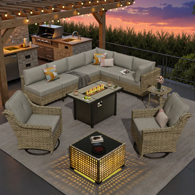 Sorella 11-Piece Modular Outdoor Rattan Seating Set With Cushions, Swivel & Rocking Chairs, Fire Pit Table & Lighted Coffee Table For Patio Or Backyard Gatherings