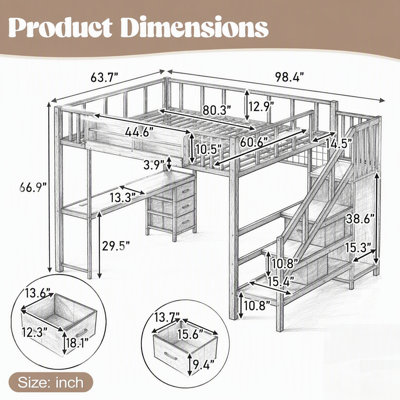 Lit mezzanine avec bureau, conception robuste peu encombrante avec tiroirs et escalier de rangement, structure en métal multifonctionnelle pour les adolescents et les adultes