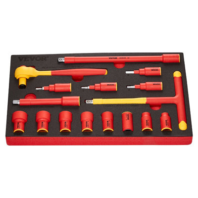 Insulated Socket Set, 16-Piece Insulated Wrench Tool Set, 1000V Insulated Socket Tool, with Insulated Sockets, Insulated T-Handle Wrench, Drive Rachet, Extensions, for Electricians Home Repair
