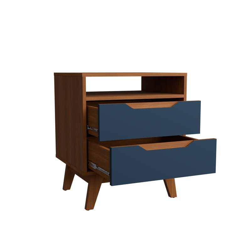 Paris 2-drawer Nightstand With Open Shelf And Built-in Handles, Brown/Blue