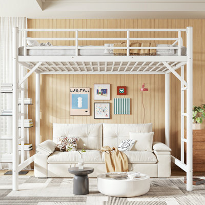 Full Size Metal Loft Bed, Loft Bed with Easy Climbing Ladder and Guardrails , White