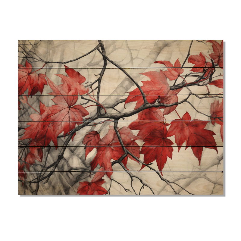 Feuilles rouges et grises sur un arbre VII sur bois, H 10 po x l 20 po x P 0,78 po