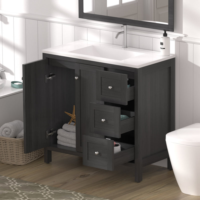 Meuble-lavabo noir de 35,5 po, lavabo en résine, tiroirs à fermeture en douceur, eau texturée, rangement facile, surface d'eau, installation facile