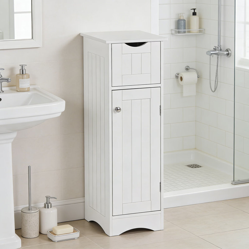 Armoire mince en bois transitionnel avec tiroir et tablettes, étagère de salle de bain étroite pour petits espaces, organisateur de meuble-lavabo mural avec poignée de miroir