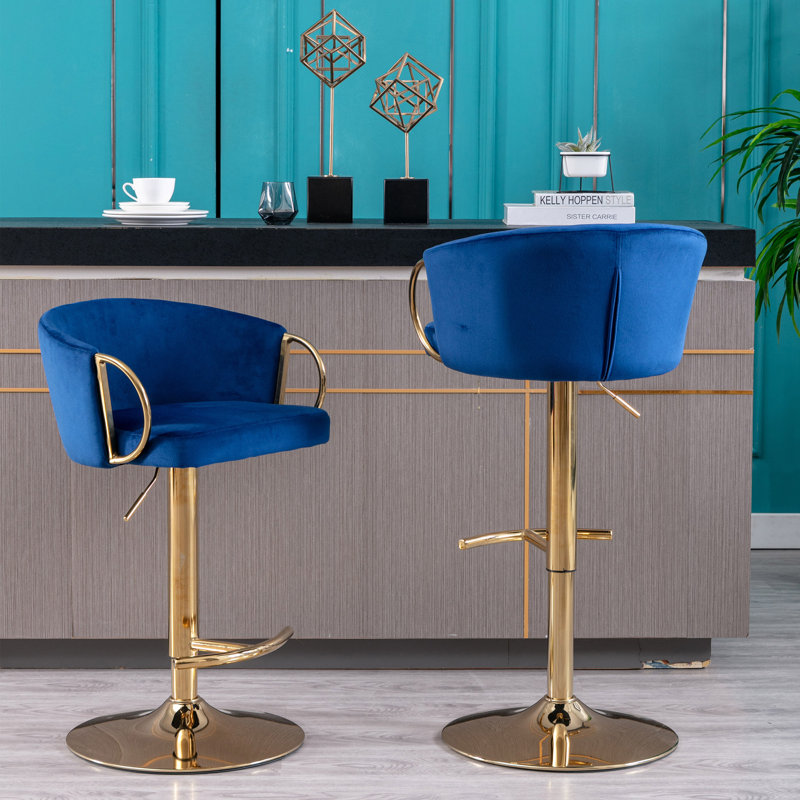 Swivel Upholstered Adjustable Height Counter Stool with Metal Frame, Navy