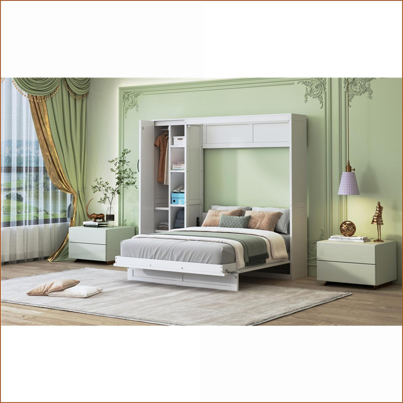 Lit escamotable double pleine grandeur avec tablettes DEL et panneau de fibres à densité moyenne contreplaqué blanc pour petits espaces