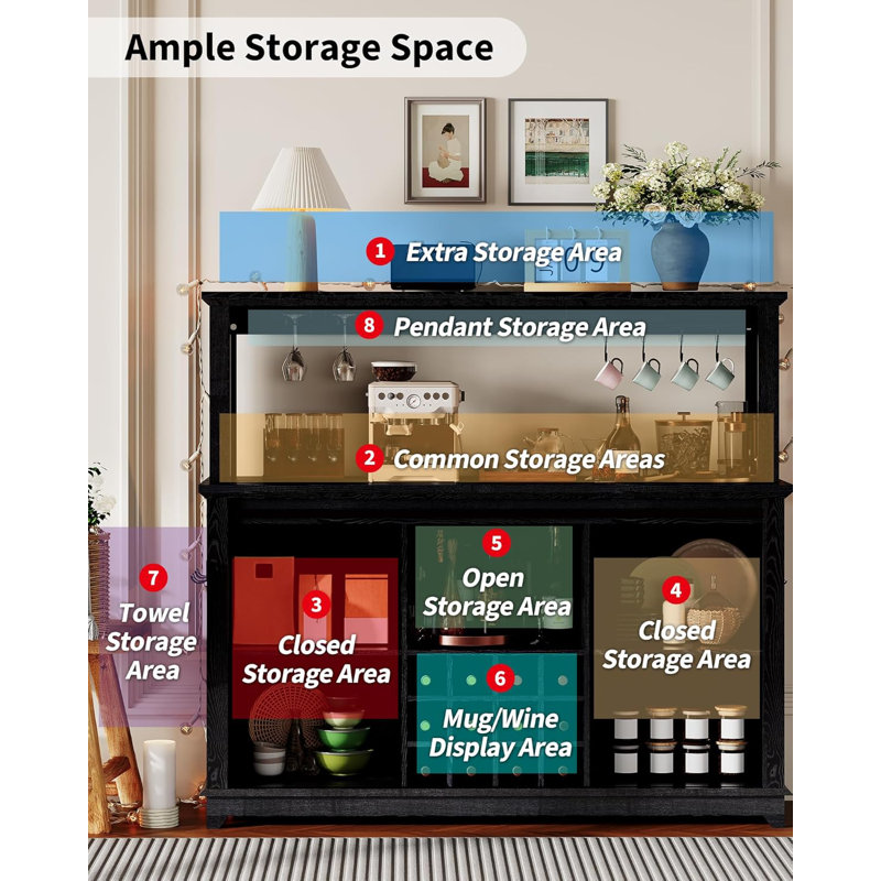 Coffee Bar Cabinet 55", Large Kitchen Hutch with LED Lighting & Built-in Power Outlet, Tall Buffet Cabinet with Barn Sliding Door, Wine Glass Rack & Ample Storage for Dining Room (Black)
