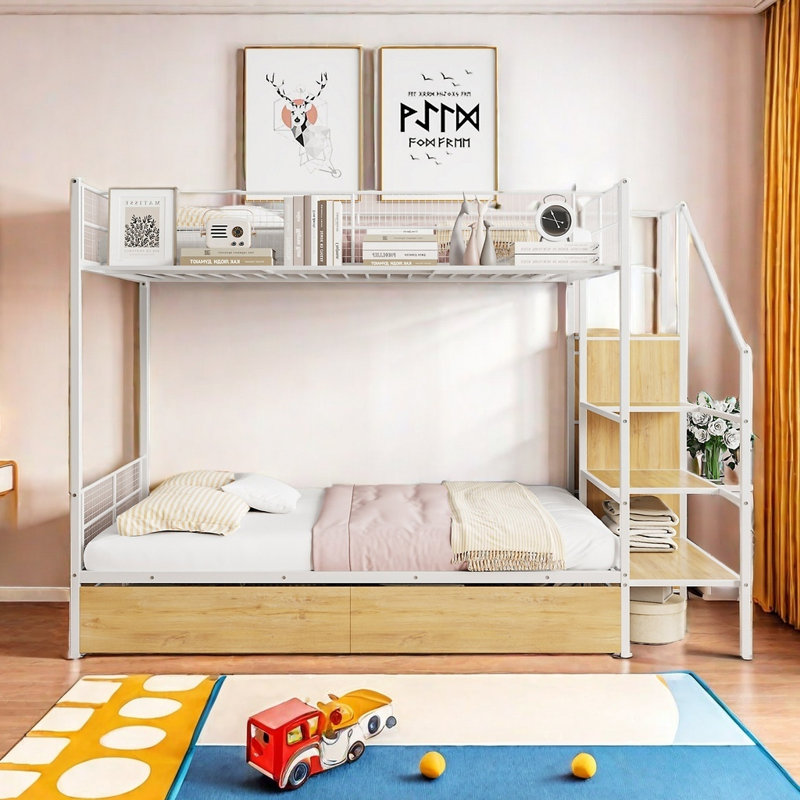 Lit superposé simple au-dessus d'un lit double en métal avec tiroir et échelle de rangement latérale et garde-robe, Noir