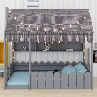 Lit pour enfants Montessori avec barrière de sécurité, tente, lumières DEL et tablettes de rangement
