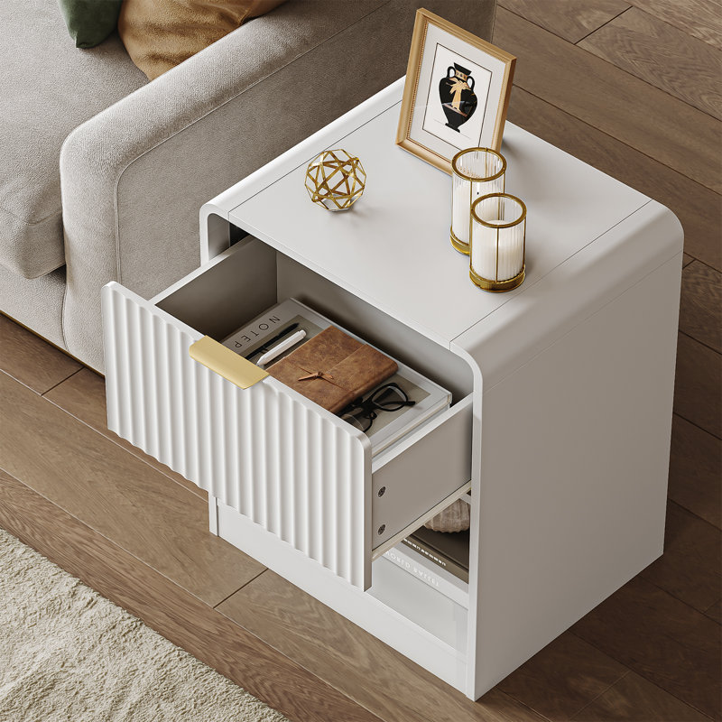 23.6” Tall Modern End Table With Large Drawer And Shelf, Nightstand Set With Gold Handle, White