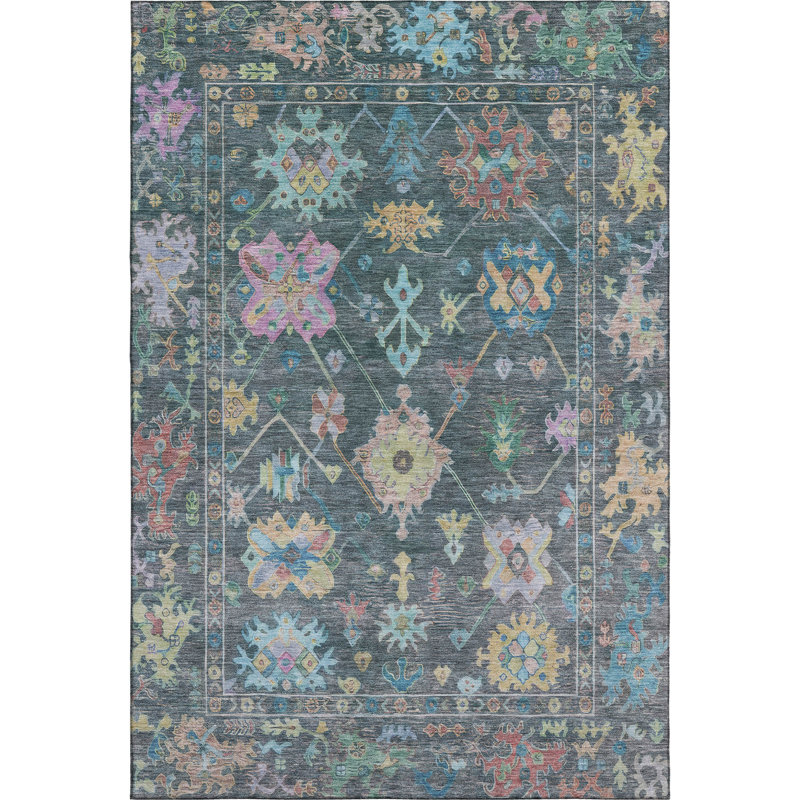 Premium Machine Washable Mayfield AMF2234 Global Rug, Teal, 5' x 7'6"