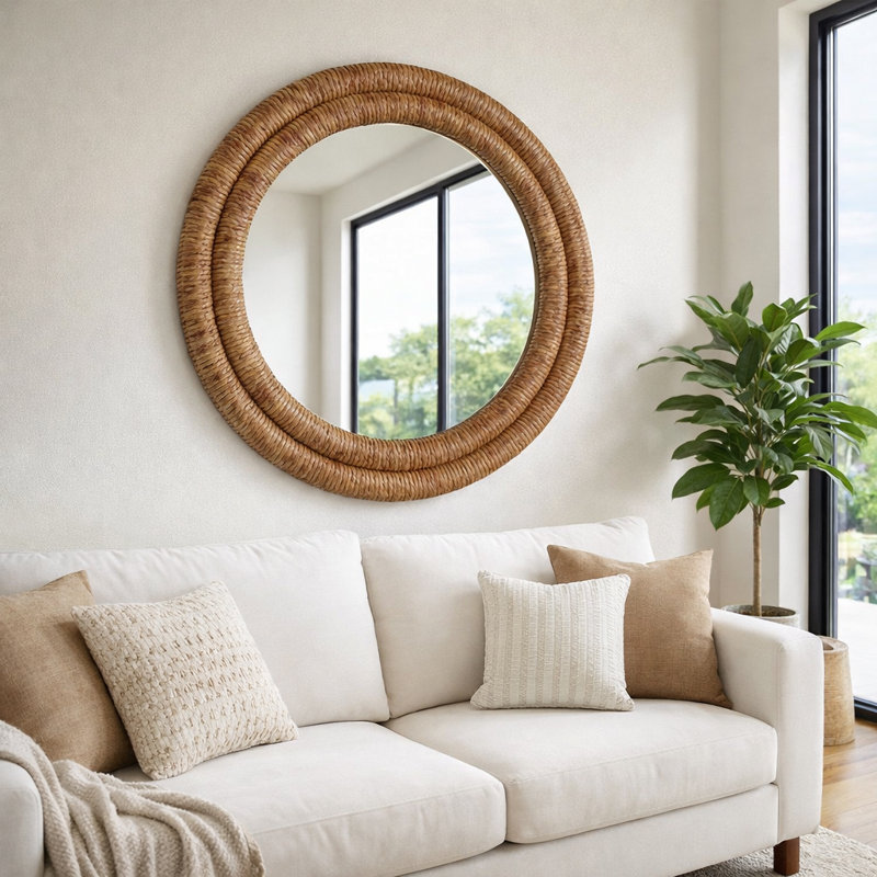 Miroir mural tissé à motif de feuilles de bananier pour salle de bain et coiffeuse - Grand décor décoratif pour table - 36 po, brun