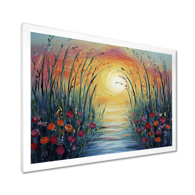 Décoration murale coucher de soleil fleurs sauvages dans la nature III - bambou, H 12 po x l 20 po, Cadre simple, Blanc