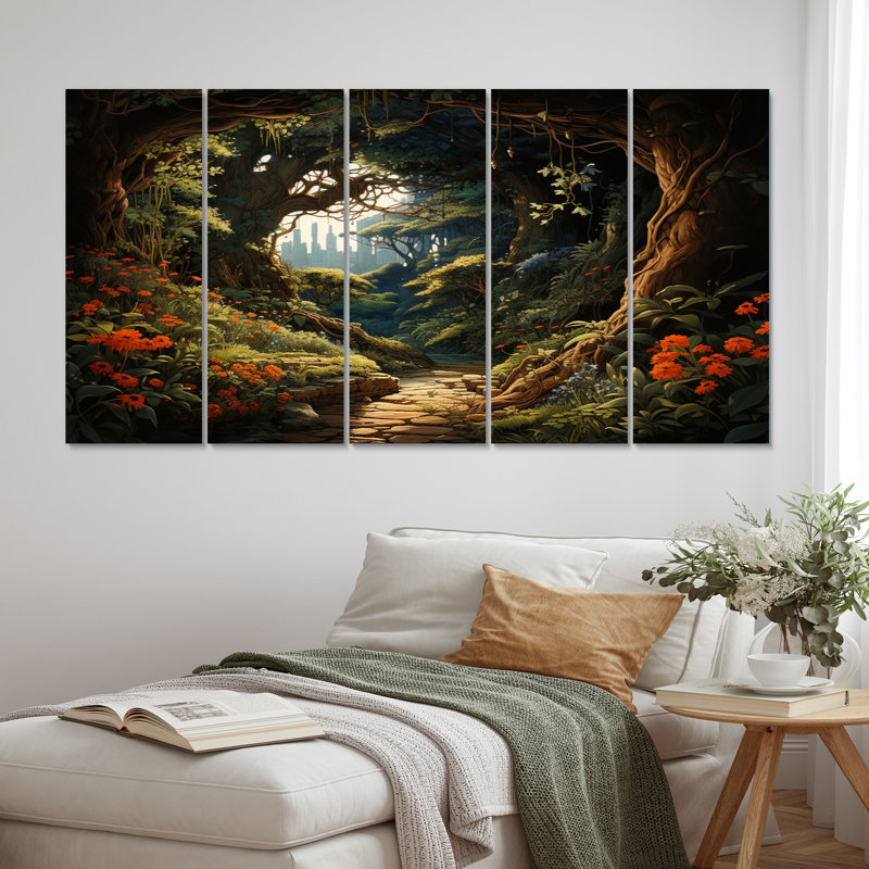 Brown Enchanted Forest Pathway - Landscapes Canvas Print - 5 Equal Panels