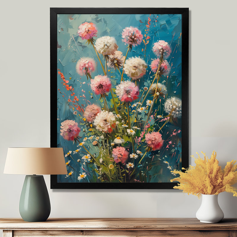 Été rose bleu pissenlit Dream I - Pissenlit, art mural, salon, H 40 po x l 30 po x P 1,5 po, Cadre simple noir